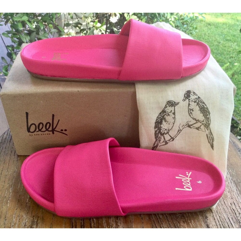 Beek Pelican Leather Platform Slide Sandals Size 6 Hibiscus Hot Pink Shoes w Bag - Picture 4 of 13